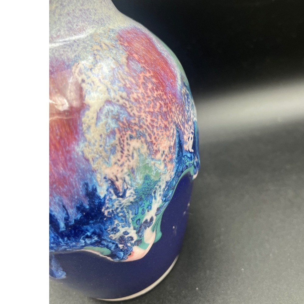 Studio Pottery Hand Signed Crystalline Drip Glaze Vase Blue Purple Green 6 inch - Picture 2 of 11